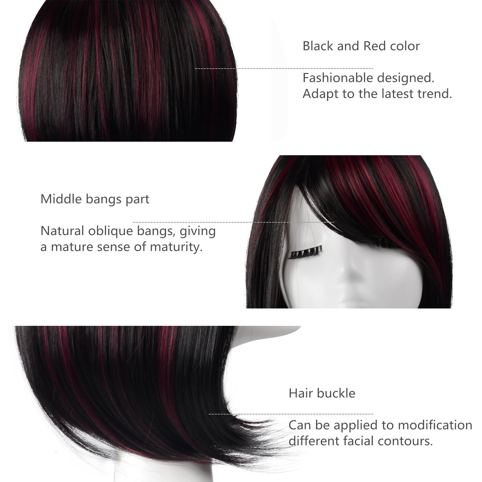 Hawkko Bob Straight Wig Short Wigs For Women Heat Resist Cospaly Party Daily Hair Wig(Black and Red)